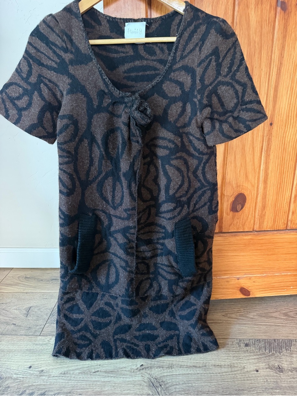 Hanii Y 100% Wool Brown Black Floral Jacquard Short Sleeve Dress / Tunic
